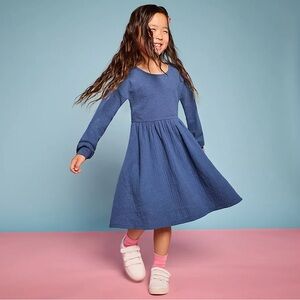 NWT Land’s End Long Sleeve Blue 100% Cotton Ribbed Texture Dress Size 8 Medium